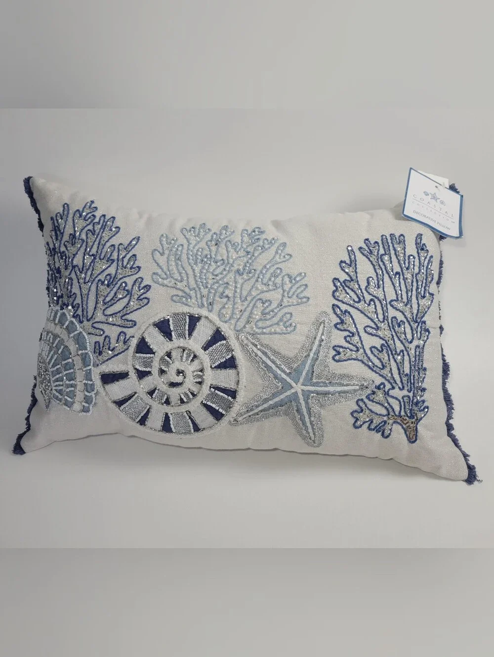 Coastal Collection Nautical Beach Beaded Embroidered Pillow 14x22 Starfish,Shell